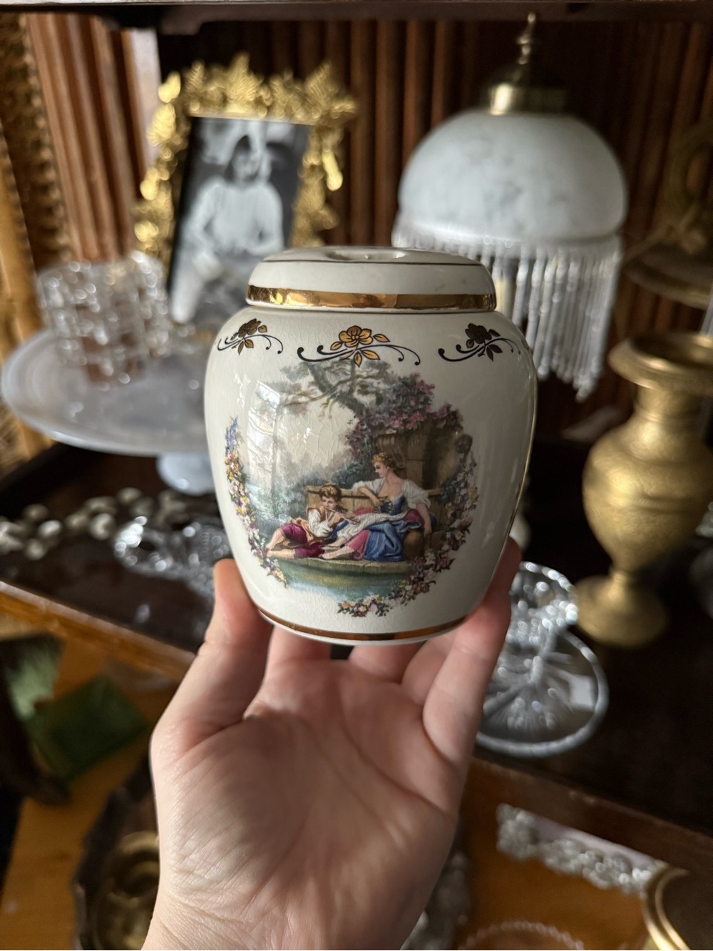 Decorative Cream Porcelain Jar with Vintage Romantic Scene